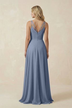 V - Neck A - Line Chiffon Bridesmaid Dress with Crisscross Back in Neptune - KissProm Bridesmaid Dresses