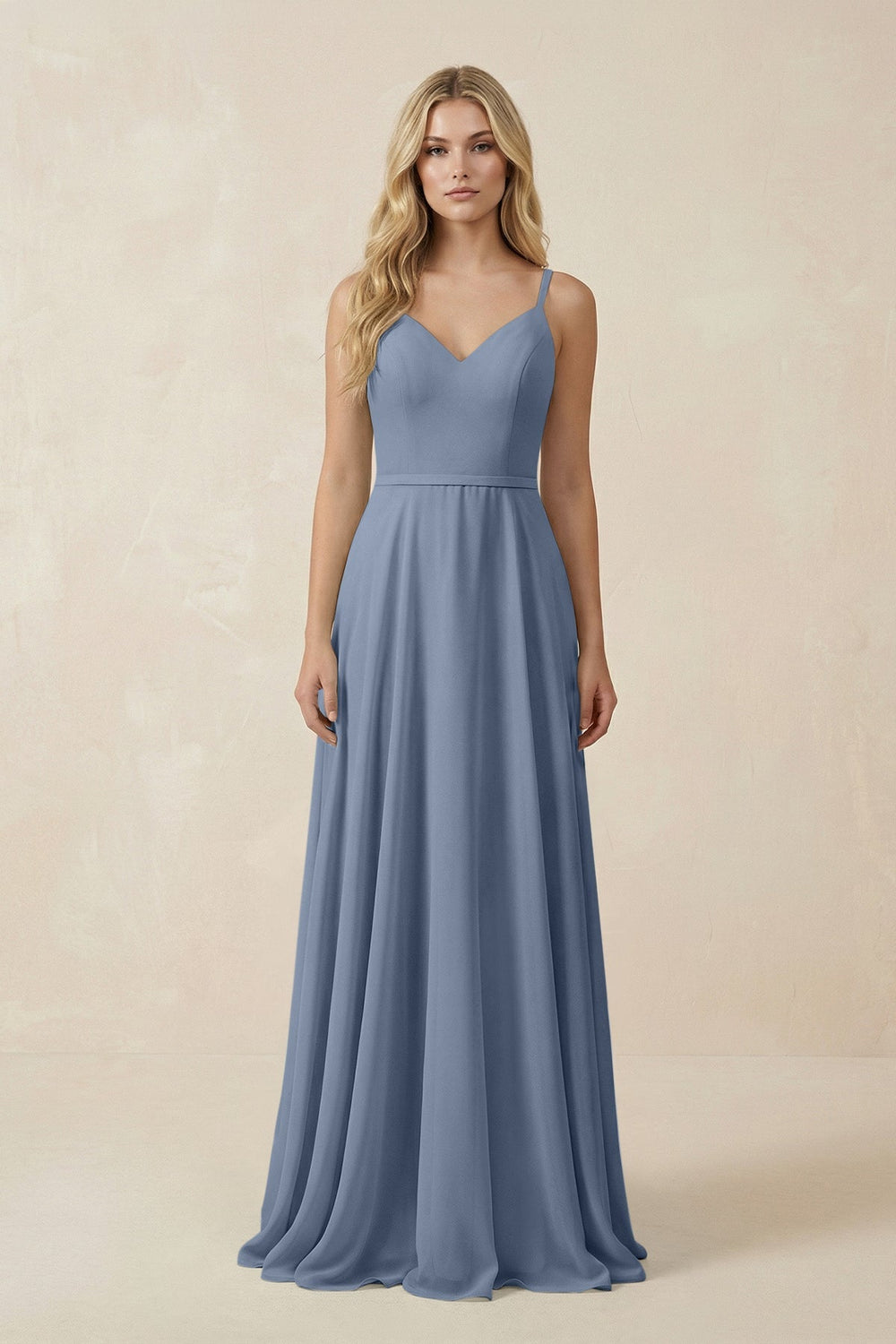 V - Neck A - Line Chiffon Bridesmaid Dress with Crisscross Back in Neptune - KissProm Bridesmaid Dresses