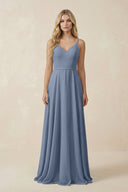 V - Neck A - Line Chiffon Bridesmaid Dress with Crisscross Back in Neptune - KissProm Bridesmaid Dresses