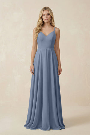 V - Neck A - Line Chiffon Bridesmaid Dress with Crisscross Back in Neptune - KissProm Bridesmaid Dresses