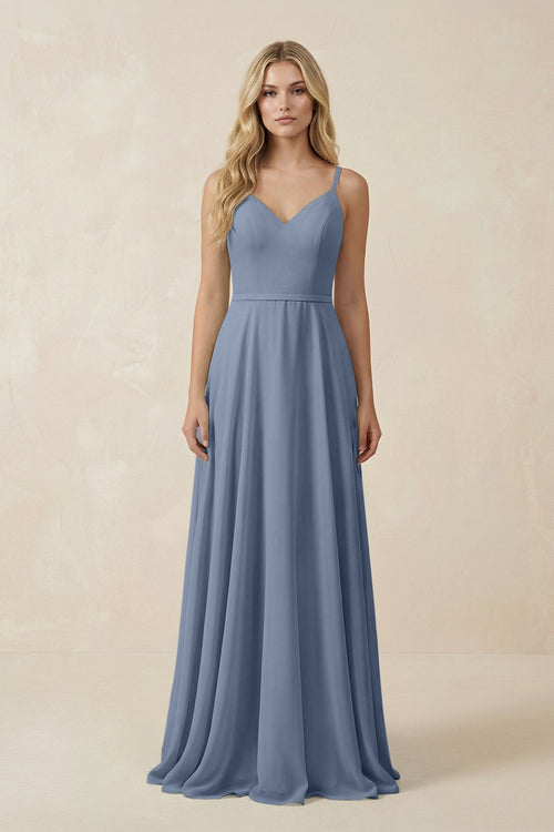 V - Neck A - Line Chiffon Bridesmaid Dress with Crisscross Back in Neptune - KissProm Bridesmaid Dresses