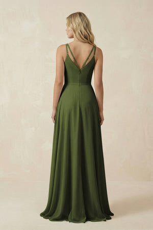 V - Neck A - Line Chiffon Bridesmaid Dress with Crisscross Back in Olive - KissProm Bridesmaid Dresses