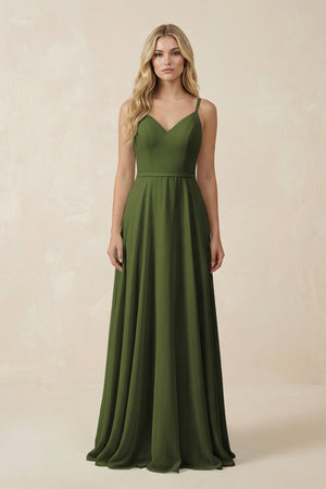 V - Neck A - Line Chiffon Bridesmaid Dress with Crisscross Back in Olive - KissProm Bridesmaid Dresses