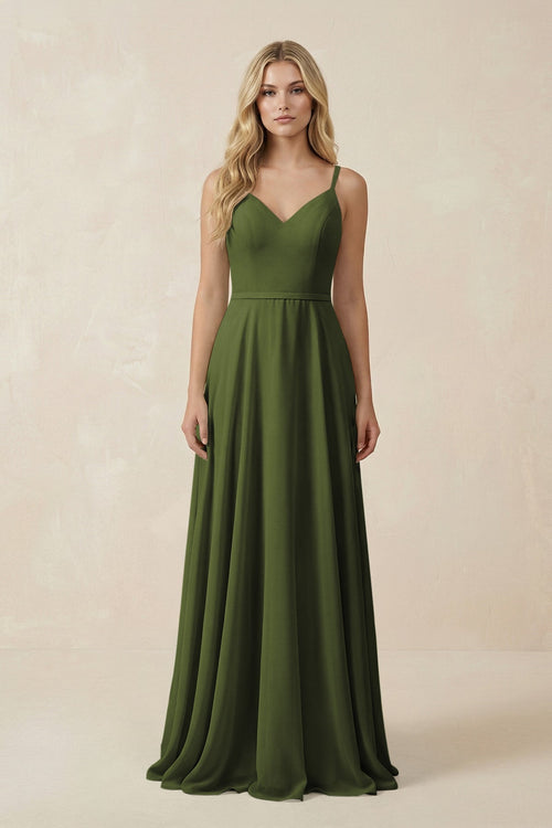 V - Neck A - Line Chiffon Bridesmaid Dress with Crisscross Back in Olive - KissProm Bridesmaid Dresses