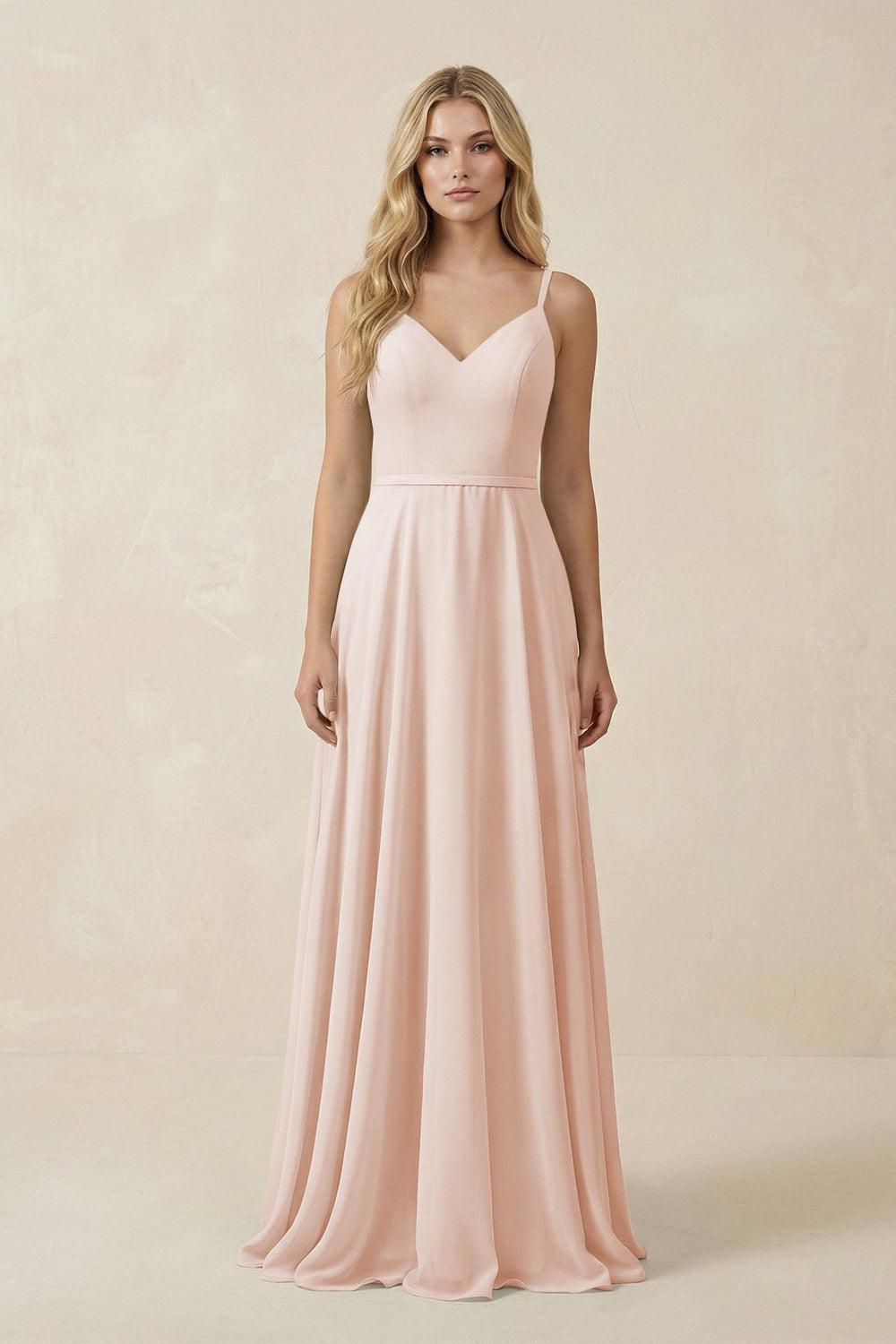 V - Neck A - Line Chiffon Bridesmaid Dress with Crisscross Back in Pale Blush - KissProm Bridesmaid Dresses