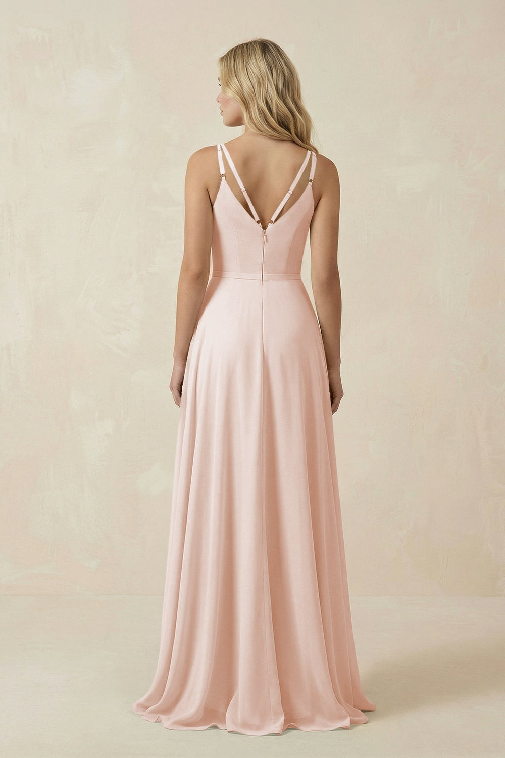 V - Neck A - Line Chiffon Bridesmaid Dress with Crisscross Back in Pale Blush - KissProm Bridesmaid Dresses
