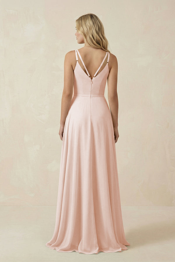 V - Neck A - Line Chiffon Bridesmaid Dress with Crisscross Back in Pale Blush - KissProm Bridesmaid Dresses