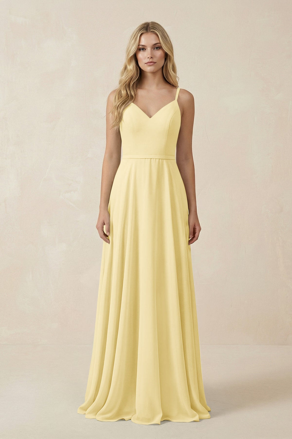 V - Neck A - Line Chiffon Bridesmaid Dress with Crisscross Back in Pastel Yellow - KissProm Bridesmaid Dresses