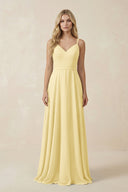 V - Neck A - Line Chiffon Bridesmaid Dress with Crisscross Back in Pastel Yellow - KissProm Bridesmaid Dresses
