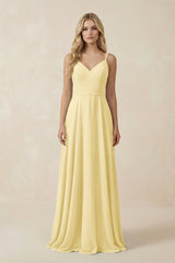 V - Neck A - Line Chiffon Bridesmaid Dress with Crisscross Back in Pastel Yellow - KissProm Bridesmaid Dresses