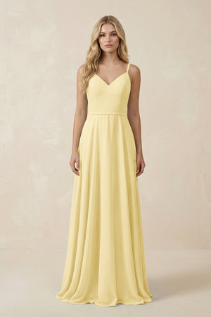 V - Neck A - Line Chiffon Bridesmaid Dress with Crisscross Back in Pastel Yellow - KissProm Bridesmaid Dresses