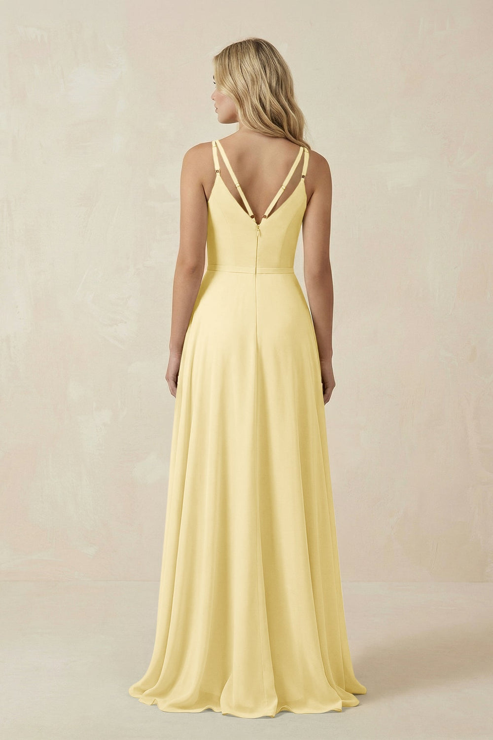 V - Neck A - Line Chiffon Bridesmaid Dress with Crisscross Back in Pastel Yellow - KissProm Bridesmaid Dresses