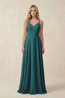 V - Neck A - Line Chiffon Bridesmaid Dress with Crisscross Back in Pine - KissProm Bridesmaid Dresses