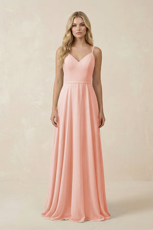 V - Neck A - Line Chiffon Bridesmaid Dress with Crisscross Back in Rose Petal - KissProm Bridesmaid Dresses