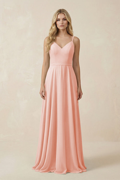 V - Neck A - Line Chiffon Bridesmaid Dress with Crisscross Back in Rose Petal - KissProm Bridesmaid Dresses