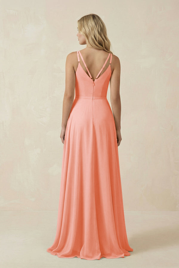 V - Neck A - Line Chiffon Bridesmaid Dress with Crisscross Back in Rosette - KissProm Bridesmaid Dresses