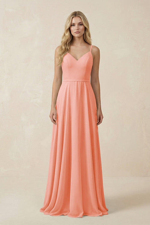 V - Neck A - Line Chiffon Bridesmaid Dress with Crisscross Back in Rosette - KissProm Bridesmaid Dresses