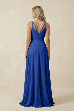 V - Neck A - Line Chiffon Bridesmaid Dress with Crisscross Back in Royal Blue - KissProm Bridesmaid Dresses