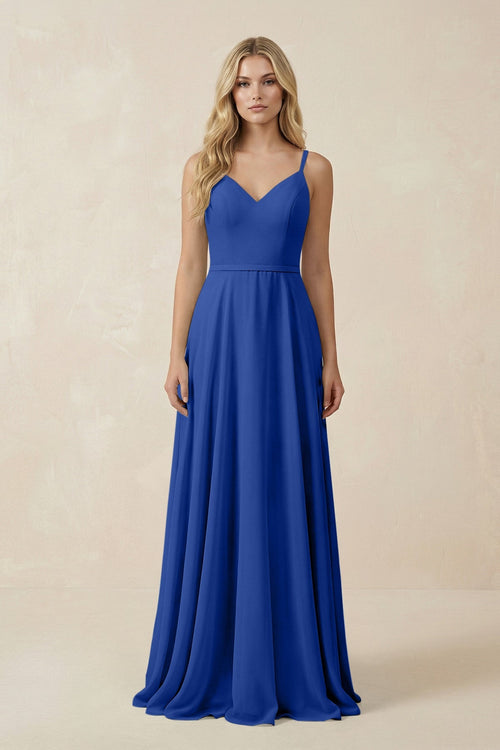 V - Neck A - Line Chiffon Bridesmaid Dress with Crisscross Back in Royal Blue - KissProm Bridesmaid Dresses