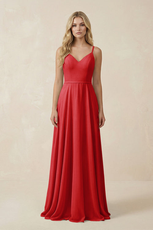 V - Neck A - Line Chiffon Bridesmaid Dress with Crisscross Back in Ruby Red - KissProm Bridesmaid Dresses