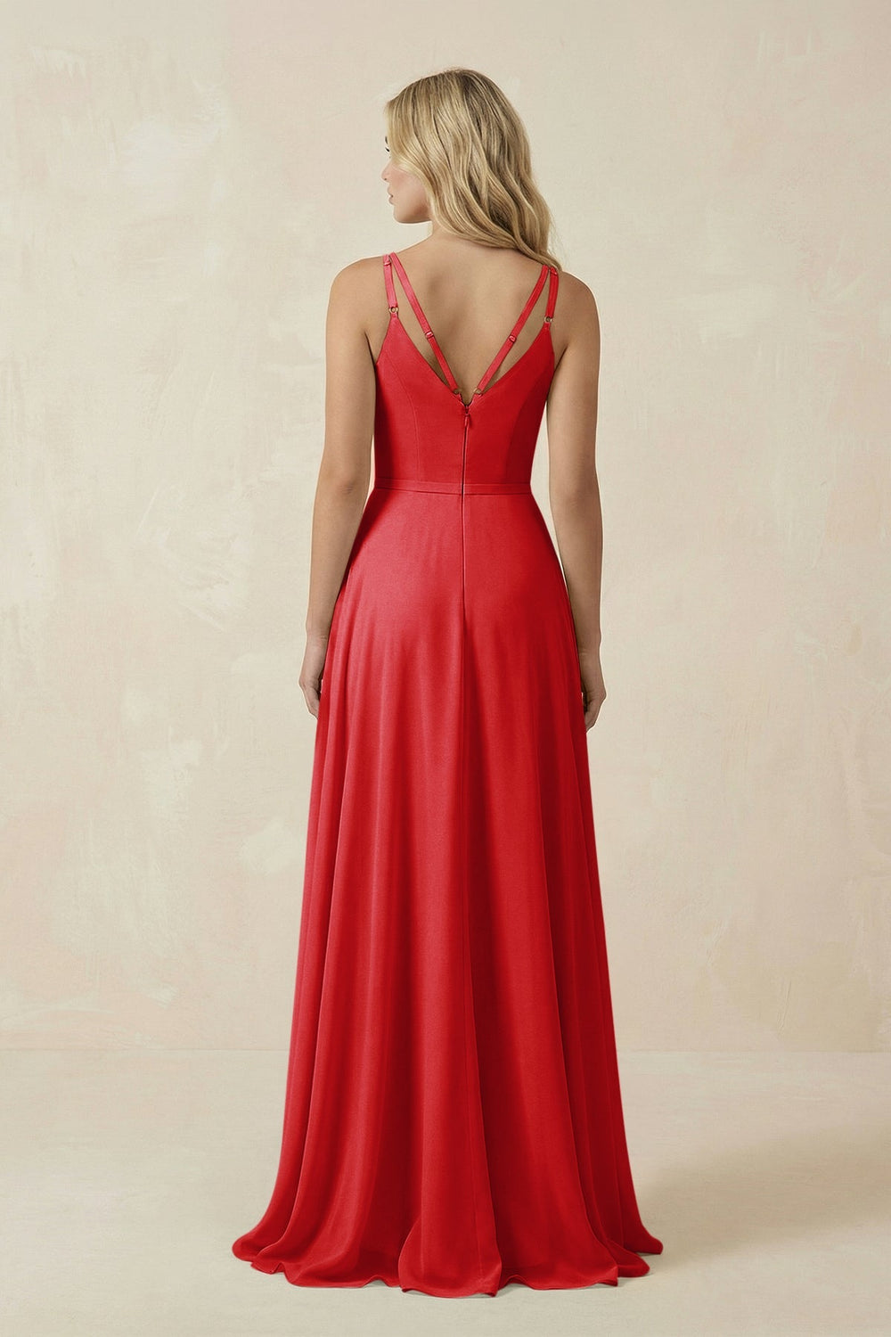 V - Neck A - Line Chiffon Bridesmaid Dress with Crisscross Back in Ruby Red - KissProm Bridesmaid Dresses