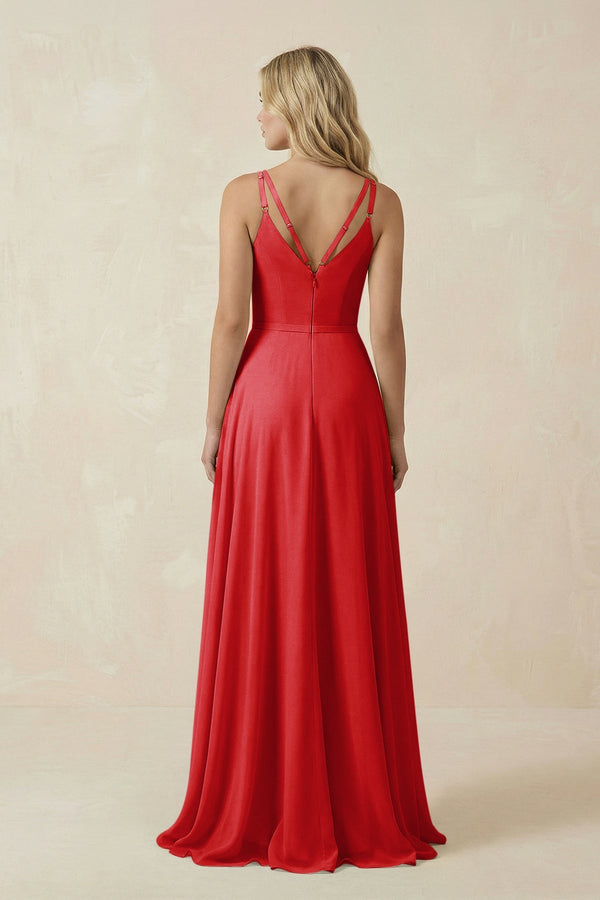 V - Neck A - Line Chiffon Bridesmaid Dress with Crisscross Back in Ruby Red - KissProm Bridesmaid Dresses