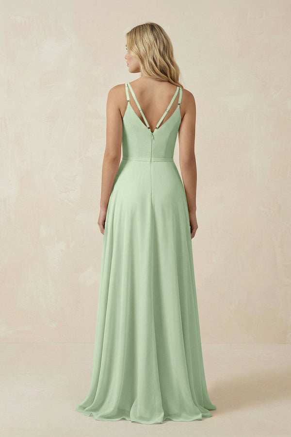 KissProm V-Neck A-Line Chiffon Bridesmaid Dress with Crisscross Back in Sage, Sage / 28