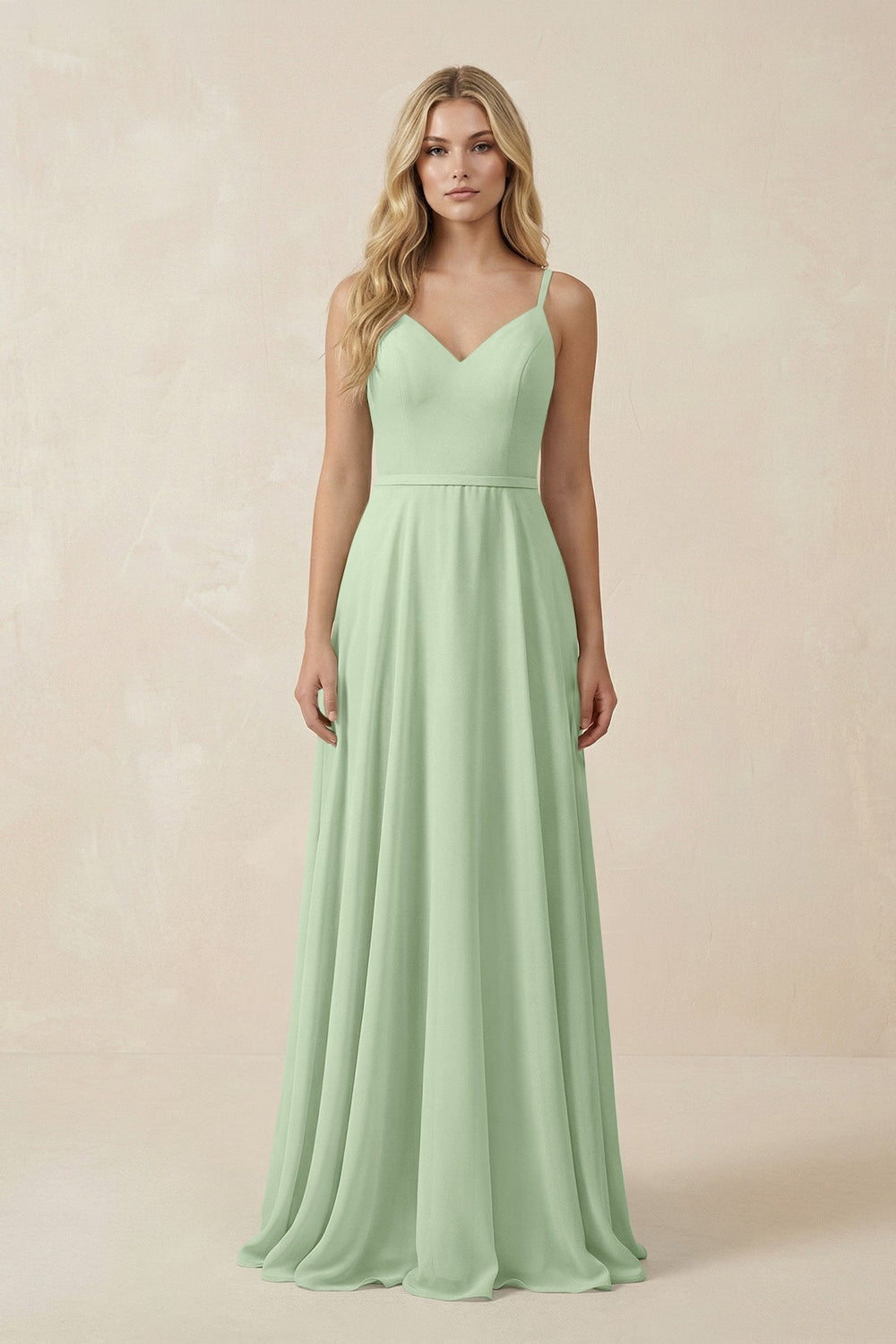 V - Neck A - Line Chiffon Bridesmaid Dress with Crisscross Back in Sage - KissProm Bridesmaid Dresses