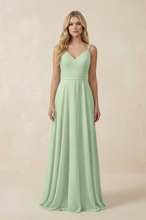 V - Neck A - Line Chiffon Bridesmaid Dress with Crisscross Back in Sage - KissProm Bridesmaid Dresses