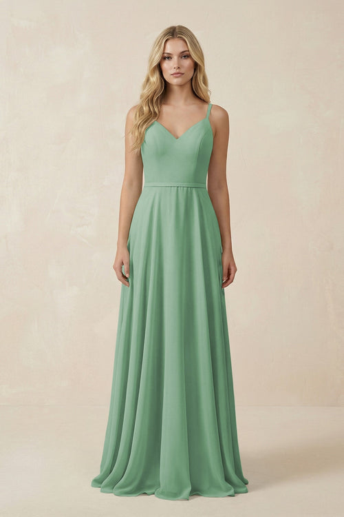 V - Neck A - Line Chiffon Bridesmaid Dress with Crisscross Back in Sea Glass - KissProm Bridesmaid Dresses