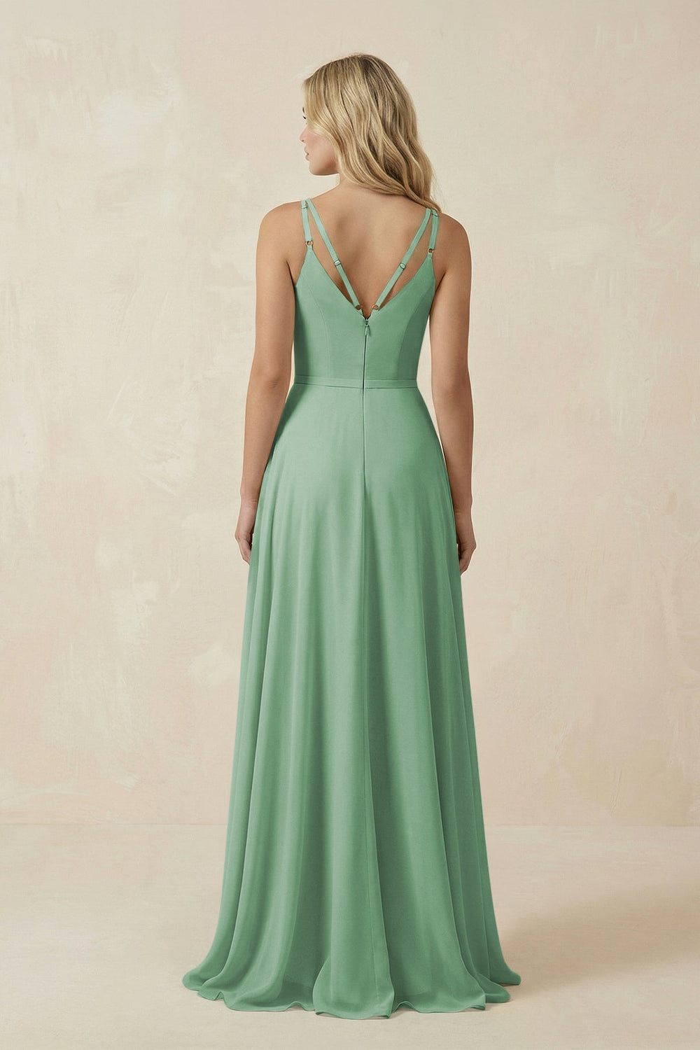 V - Neck A - Line Chiffon Bridesmaid Dress with Crisscross Back in Sea Glass - KissProm Bridesmaid Dresses