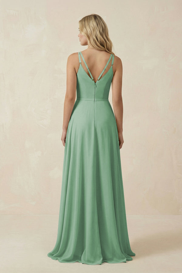 V - Neck A - Line Chiffon Bridesmaid Dress with Crisscross Back in Sea Glass - KissProm Bridesmaid Dresses