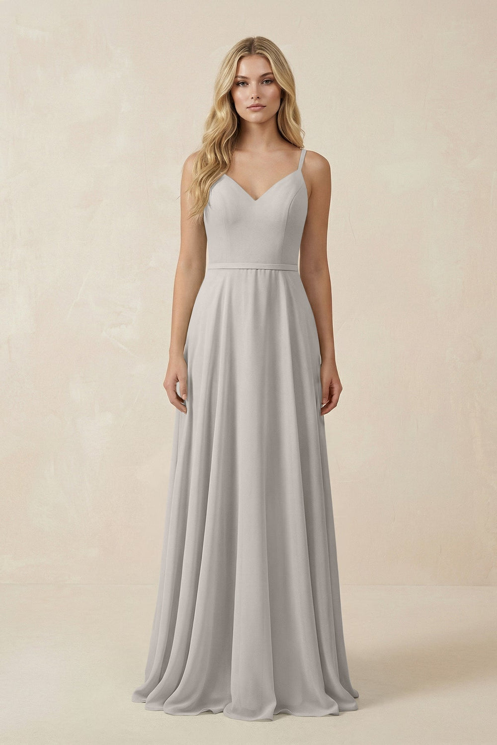 V - Neck A - Line Chiffon Bridesmaid Dress with Crisscross Back in Silver - KissProm Bridesmaid Dresses