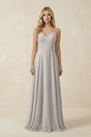 V - Neck A - Line Chiffon Bridesmaid Dress with Crisscross Back in Silver - KissProm Bridesmaid Dresses