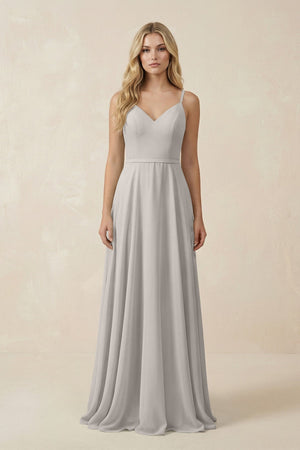 V - Neck A - Line Chiffon Bridesmaid Dress with Crisscross Back in Silver - KissProm Bridesmaid Dresses