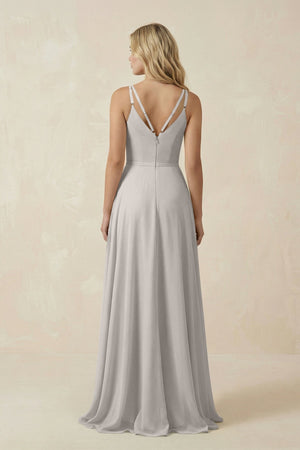 V - Neck A - Line Chiffon Bridesmaid Dress with Crisscross Back in Silver - KissProm Bridesmaid Dresses