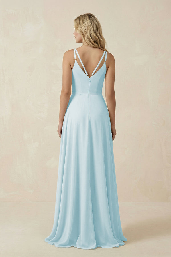 KissProm V-Neck A-Line Chiffon Bridesmaid Dress with Crisscross Back in Sky Blue, Sky Blue / 0