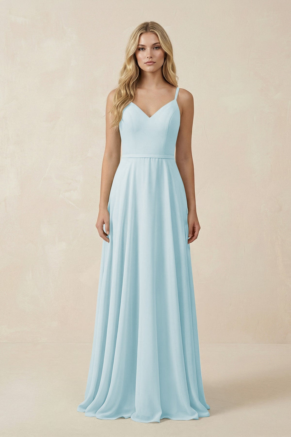 V - Neck A - Line Chiffon Bridesmaid Dress with Crisscross Back in Sky Blue - KissProm Bridesmaid Dresses