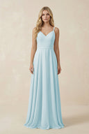 V - Neck A - Line Chiffon Bridesmaid Dress with Crisscross Back in Sky Blue - KissProm Bridesmaid Dresses