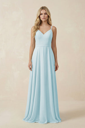 V - Neck A - Line Chiffon Bridesmaid Dress with Crisscross Back in Sky Blue - KissProm Bridesmaid Dresses