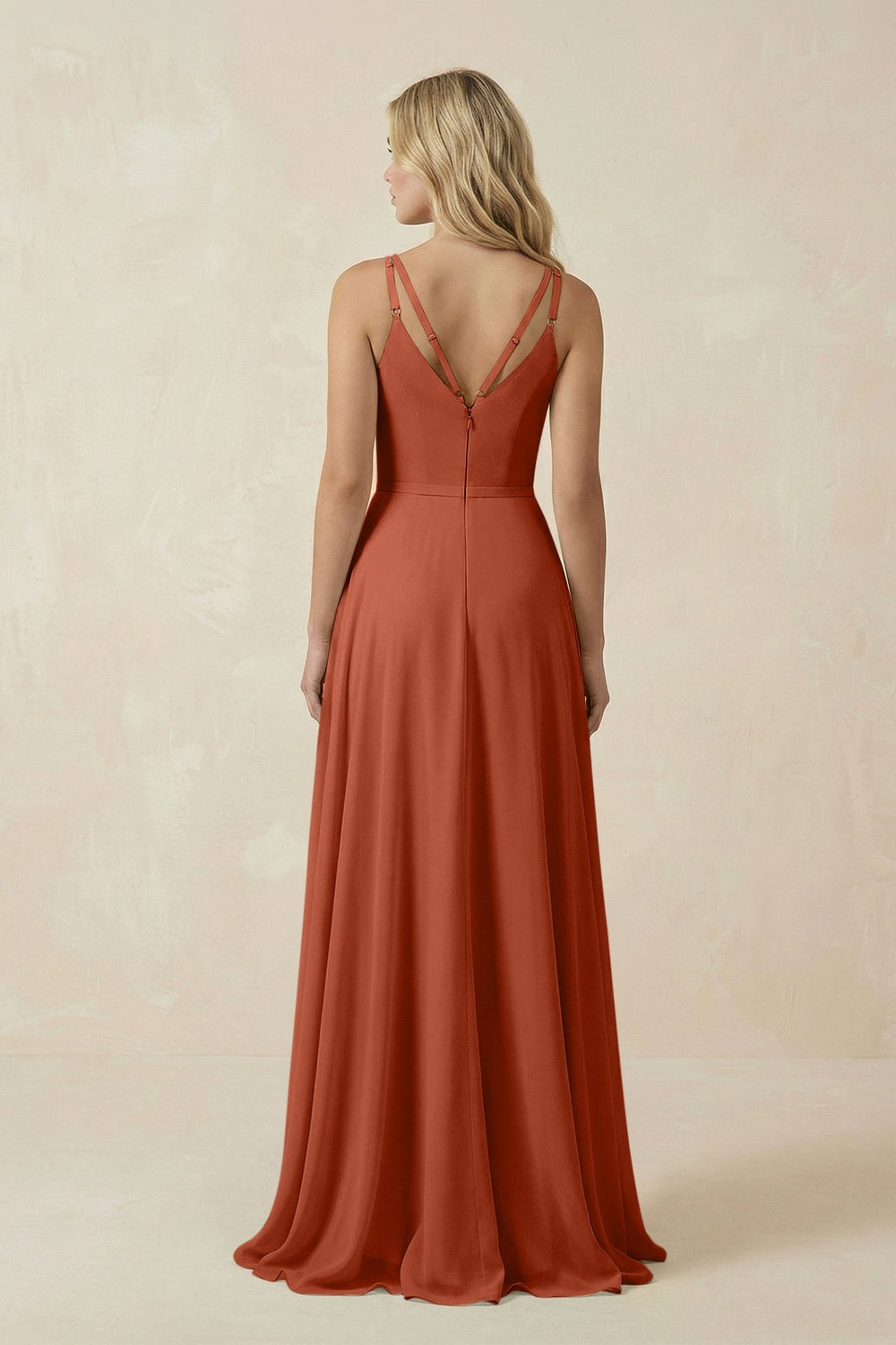 V - Neck A - Line Chiffon Bridesmaid Dress with Crisscross Back in Spice - KissProm Bridesmaid Dresses