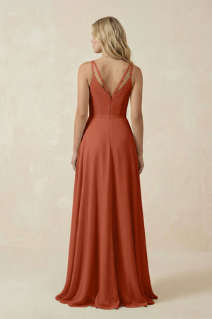 V - Neck A - Line Chiffon Bridesmaid Dress with Crisscross Back in Spice - KissProm Bridesmaid Dresses