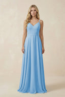 V - Neck A - Line Chiffon Bridesmaid Dress with Crisscross Back in Steel Blue - KissProm Bridesmaid Dresses