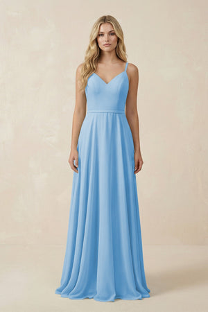 V - Neck A - Line Chiffon Bridesmaid Dress with Crisscross Back in Steel Blue - KissProm Bridesmaid Dresses