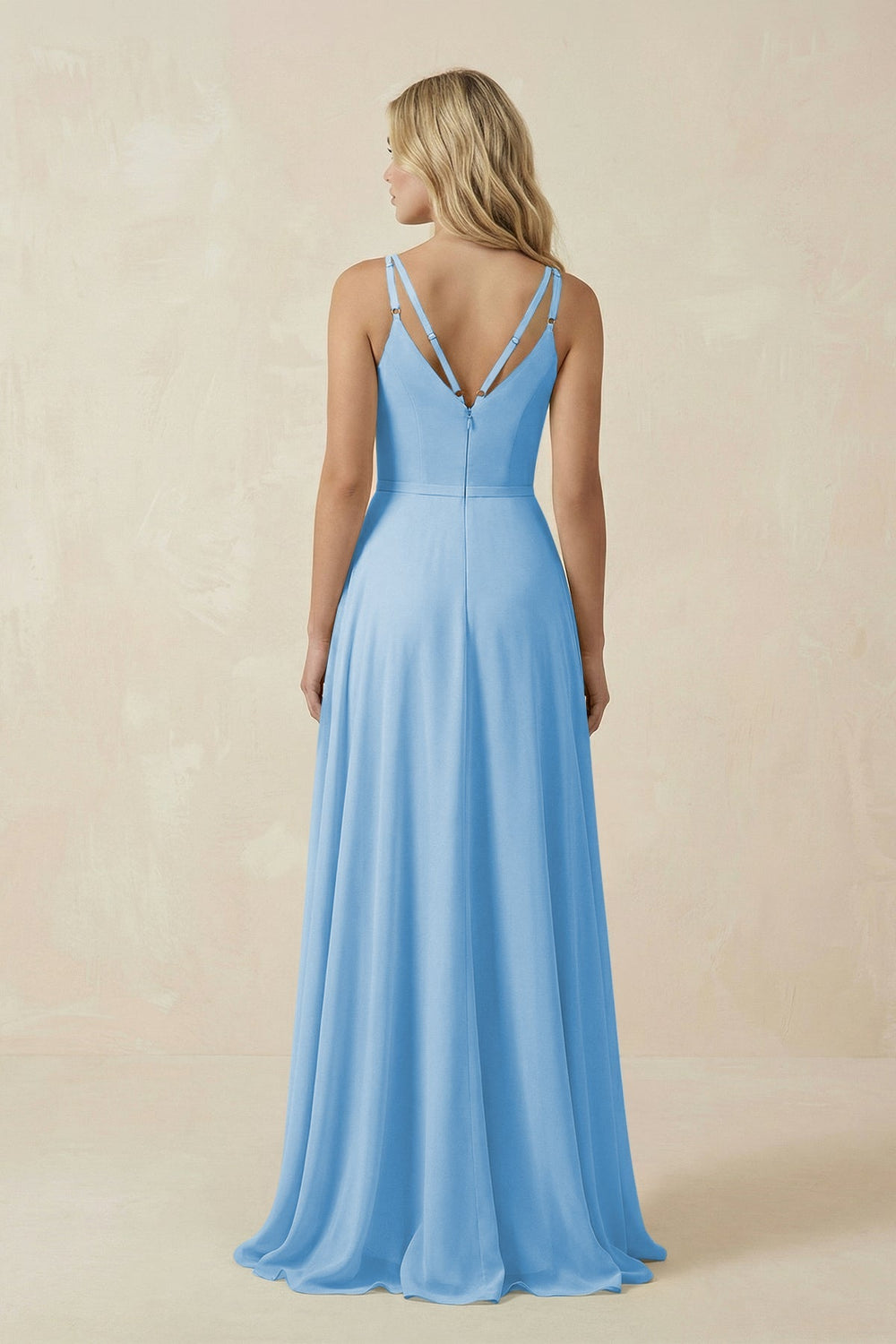 V - Neck A - Line Chiffon Bridesmaid Dress with Crisscross Back in Steel Blue - KissProm Bridesmaid Dresses