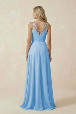 V - Neck A - Line Chiffon Bridesmaid Dress with Crisscross Back in Steel Blue - KissProm Bridesmaid Dresses