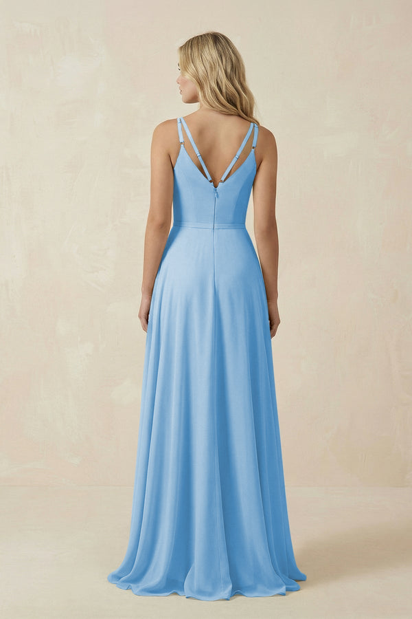 V - Neck A - Line Chiffon Bridesmaid Dress with Crisscross Back in Steel Blue - KissProm Bridesmaid Dresses
