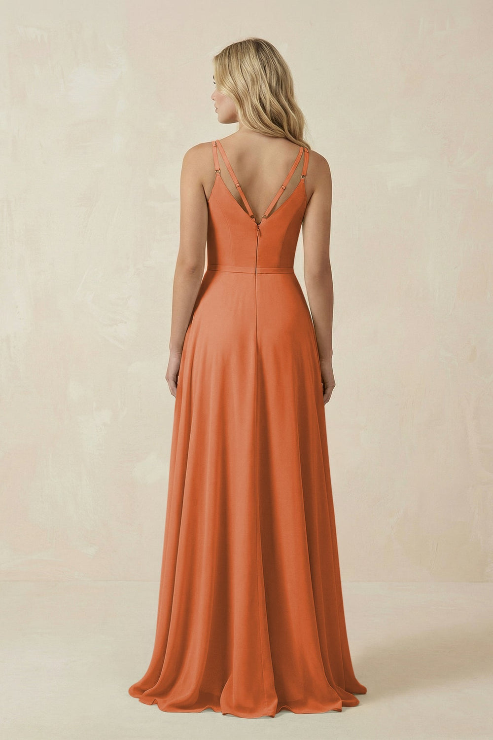 V - Neck A - Line Chiffon Bridesmaid Dress with Crisscross Back in Terracotta - KissProm Bridesmaid Dresses