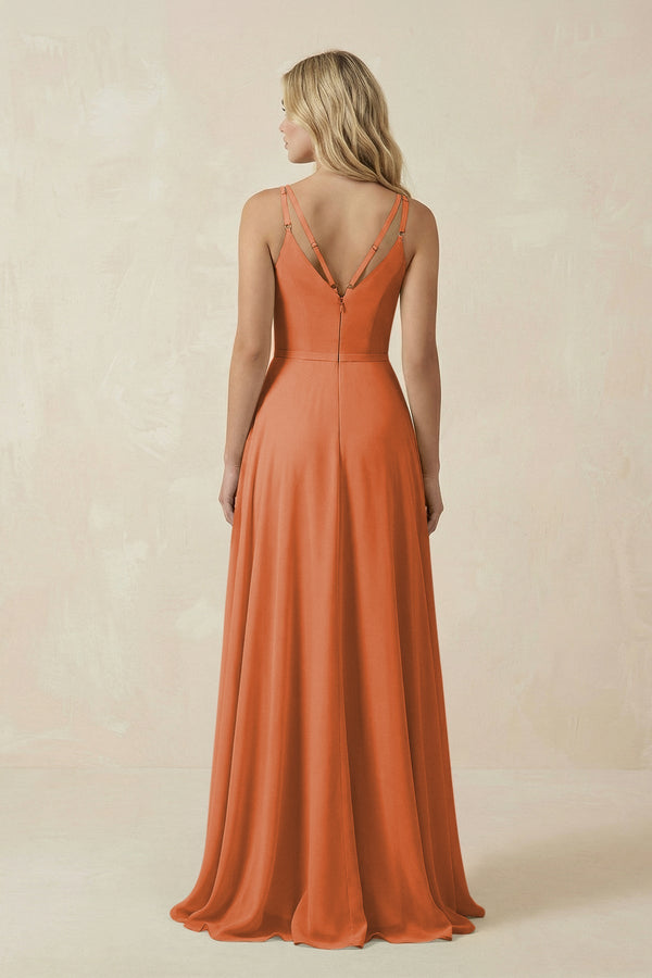 V - Neck A - Line Chiffon Bridesmaid Dress with Crisscross Back in Terracotta - KissProm Bridesmaid Dresses