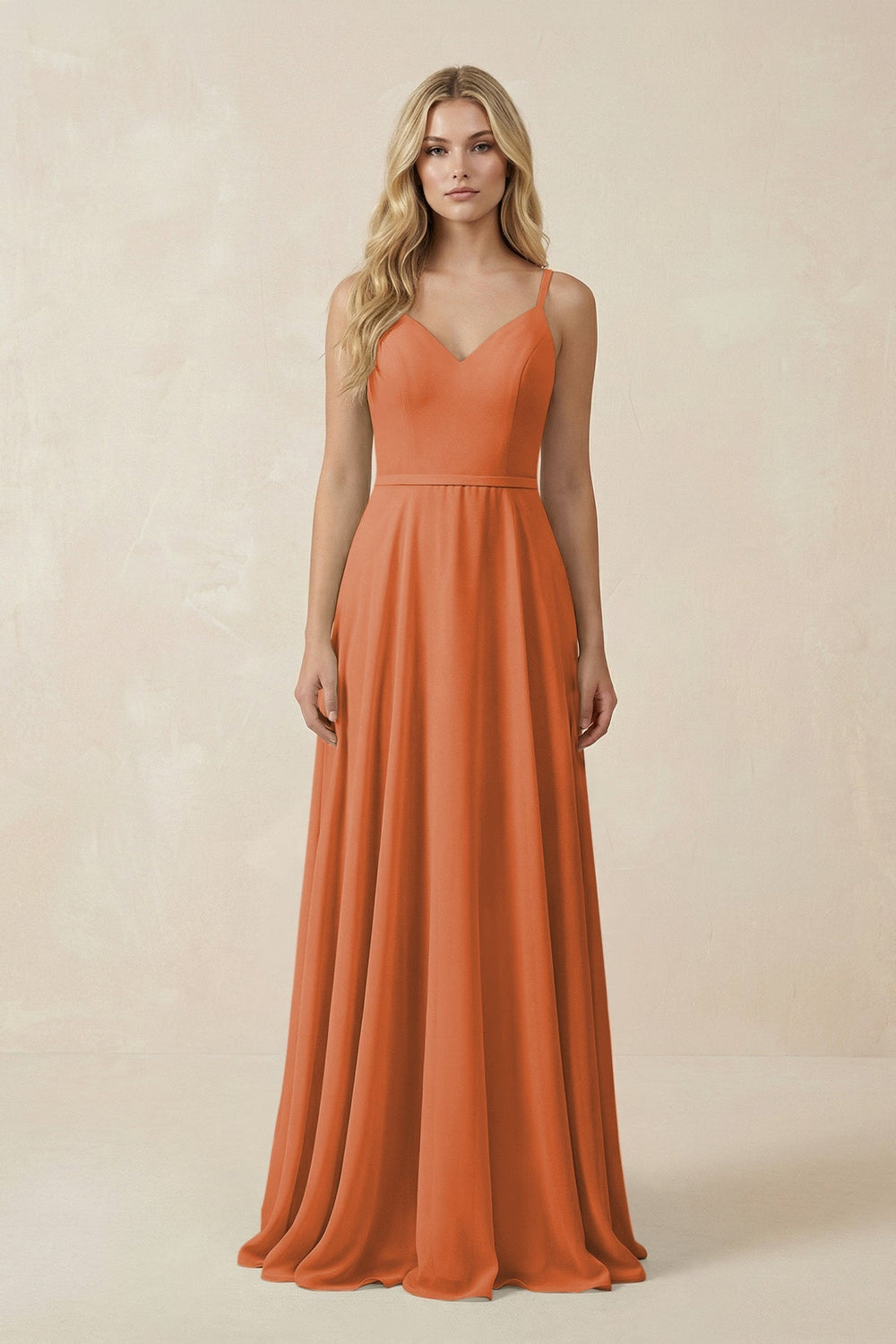 V - Neck A - Line Chiffon Bridesmaid Dress with Crisscross Back in Terracotta - KissProm Bridesmaid Dresses